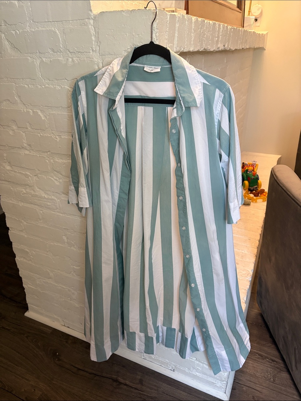 Striped Midi Shirt Dress in Sage and White